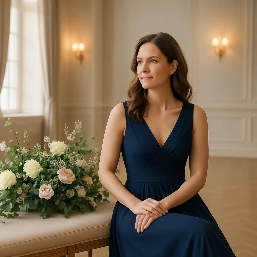Kvinna i marinblå aftonklänning – elegant formell stil
