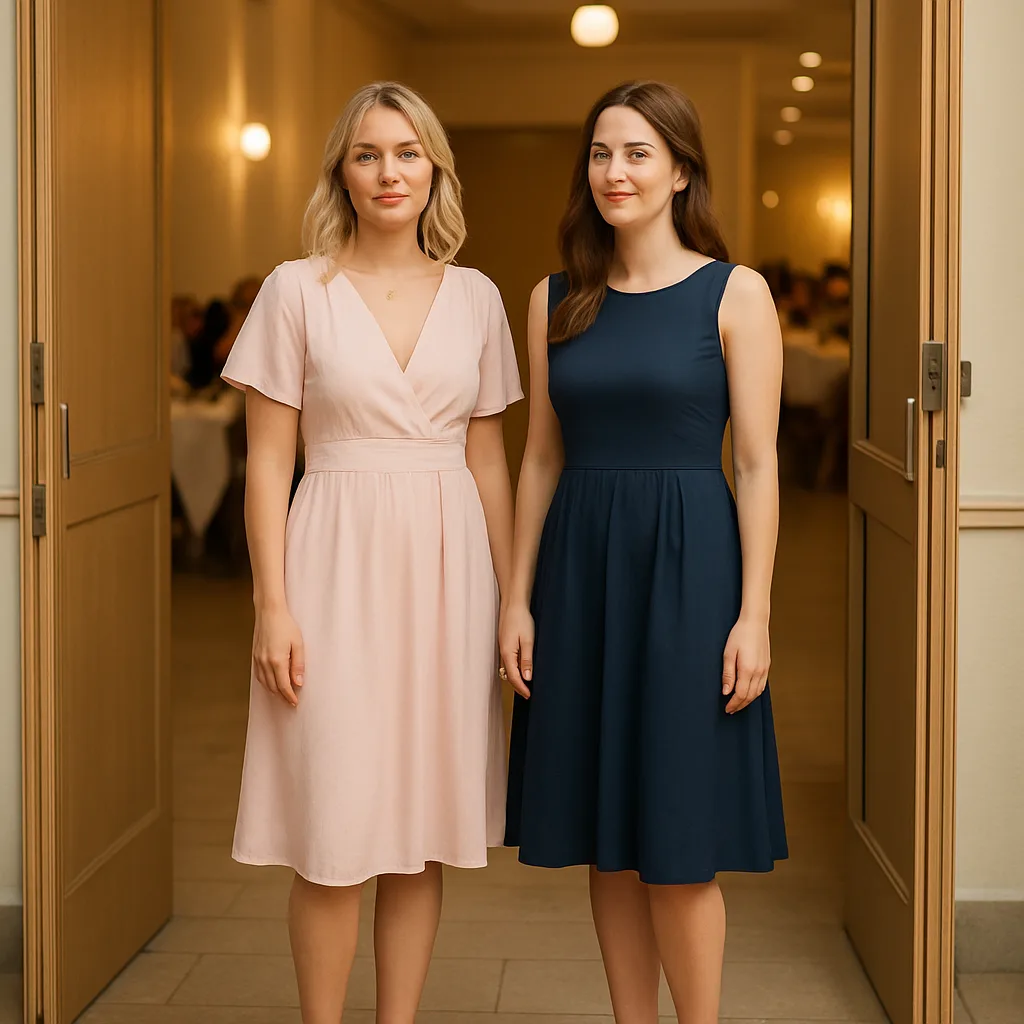 Två eleganta damer i pastell- och navy-klänningar vid en eventlokal