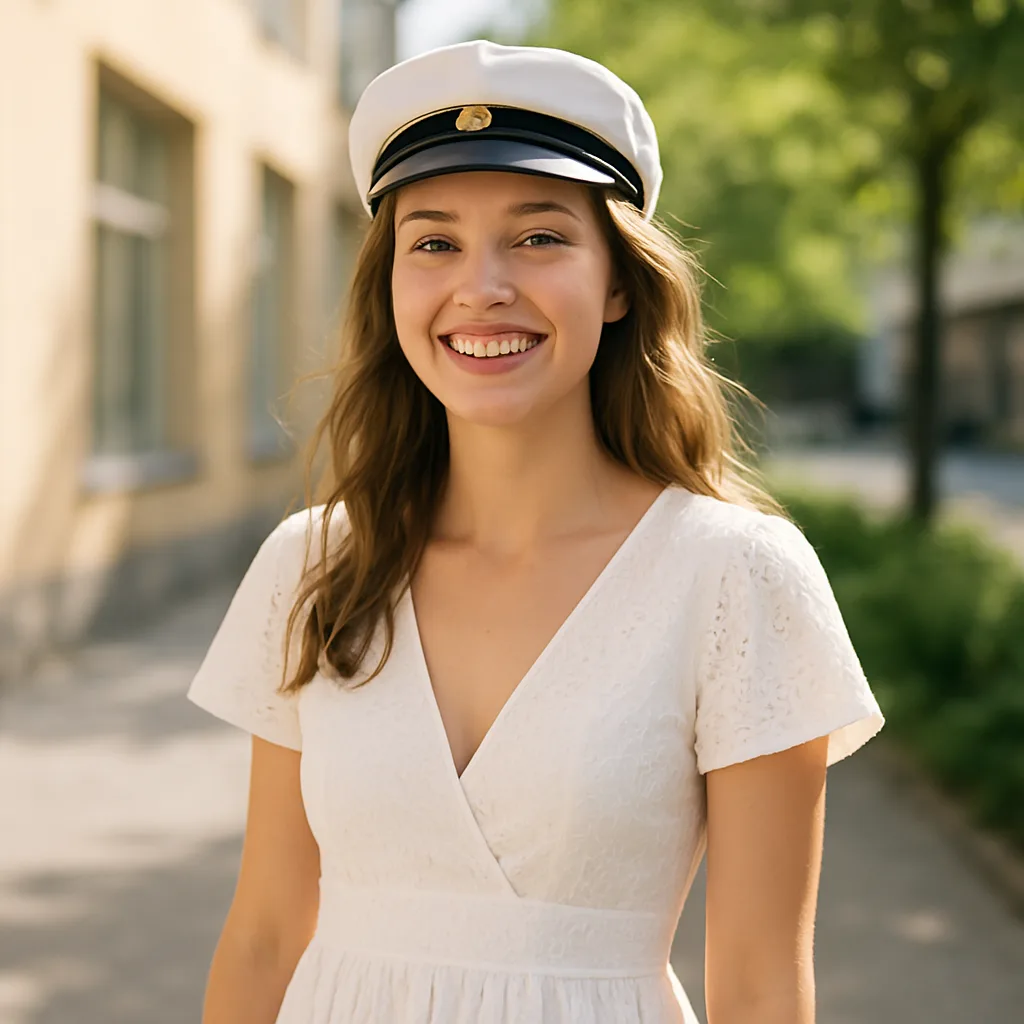 Ung kvinna i vit studentklänning med studentmössa – sommardag